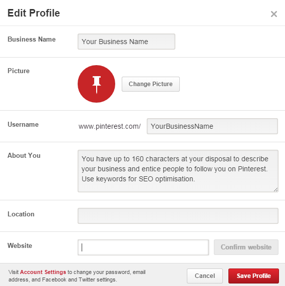 Edit your Pinterest profile and confirm your website URL